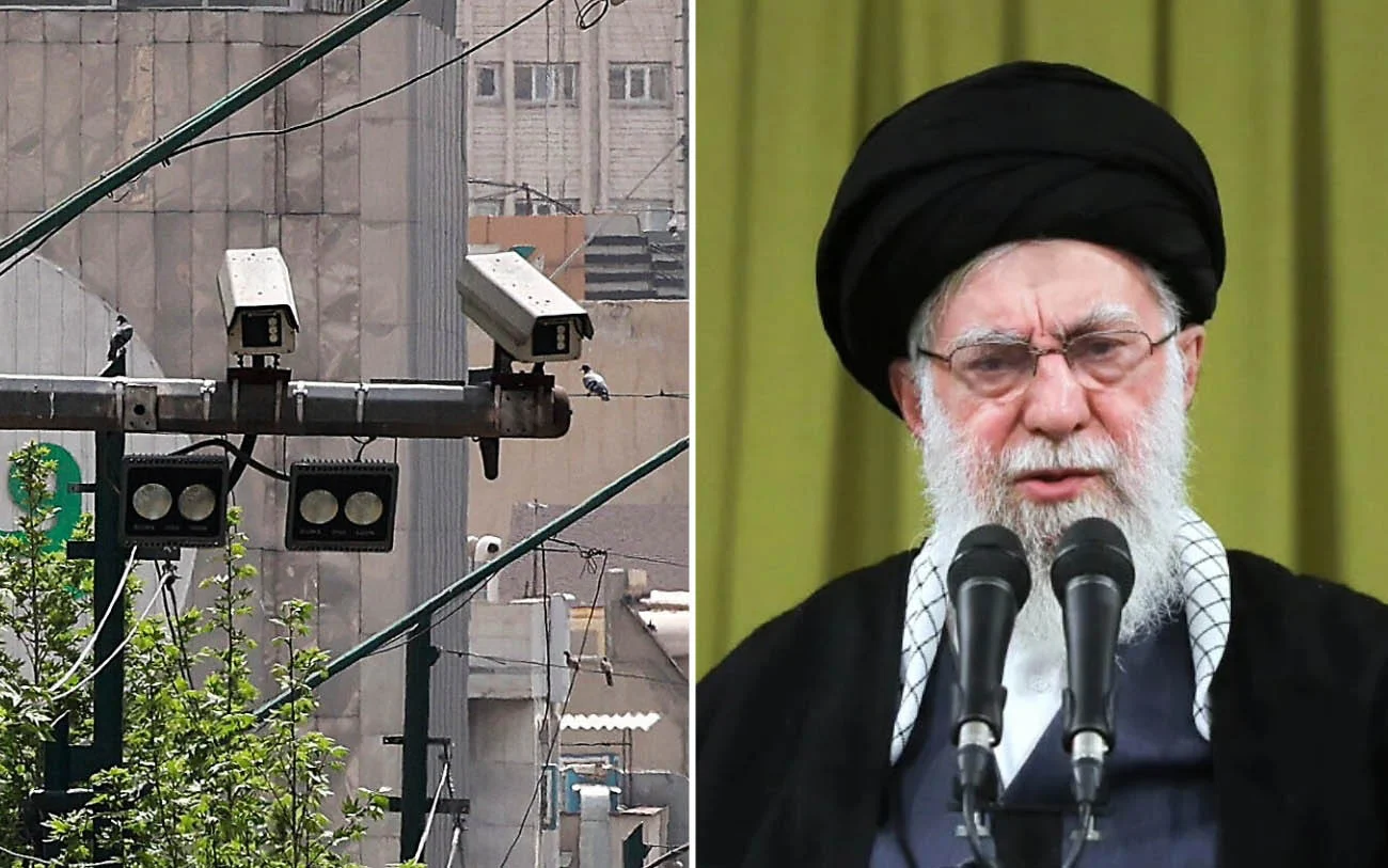 Camera giám sát giao thông Tehran (trái) và Đại giáo chủ Ali Khamenei (phải) -hệ thống camera chính là vũ khí đã giúp Israel định vị ông